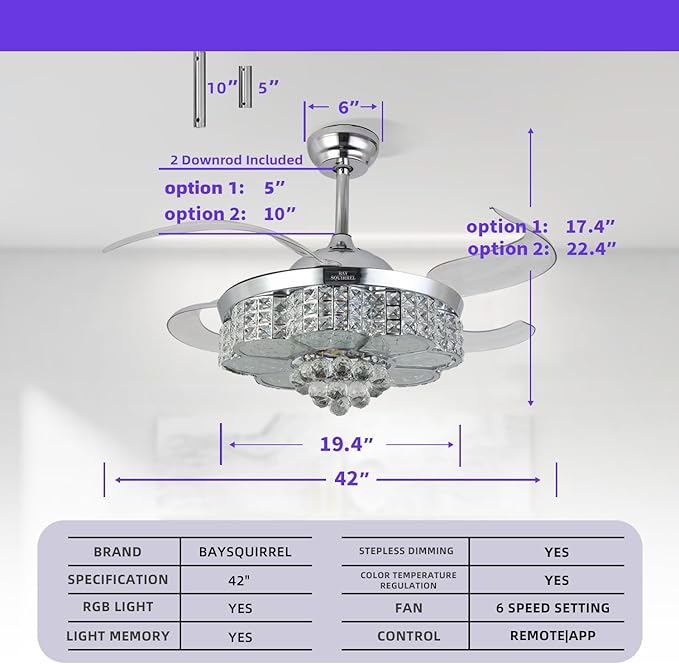 BAYSQUIRREL 42-inch Retractable Ceiling Fan with Light and Remote/APP Control, Bluetooth Ceiling Fans with Speaker, RGB-LED Light 6 Speeds Reversible Blades,Flush Mount Chandelier Crystal Ceiling Fan