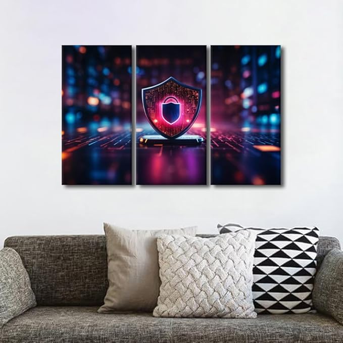 TUMOVO 3 Panel Wall Art for Living Room, Cyber Security and Data Protection Pictures Print On Canvas Artwork for Home Office Wall Decoration, Wooden Framed Ready to Hang, 42" Wx28 H