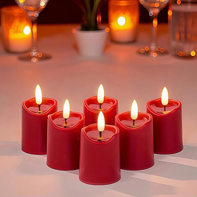 Simplelight Red Flameless Votive Candles with Timer, Realistic Black Wick Valentine’s Day Candles Battery Operated, Battery Included, D 1.8” X H 3.1”, Set of 6 for Wedding, Christmas Decoration (Red)