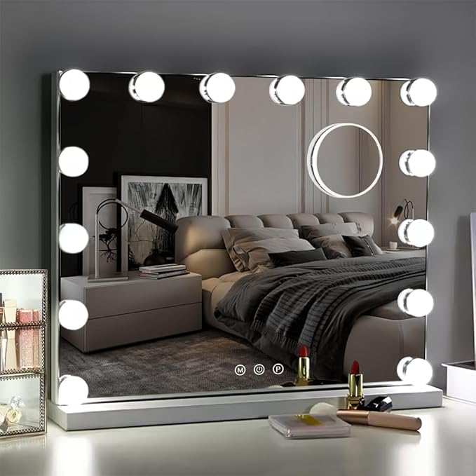Kottova Vanity Mirror with Lights, 23"x18.1" Lighted Makeup Mirror with 15 Dimmable LED Bulbs, Hollywood Mirror with 3 Color Lightings, USB Charging Port Touch Control, Metal Frame,Plug in (White)