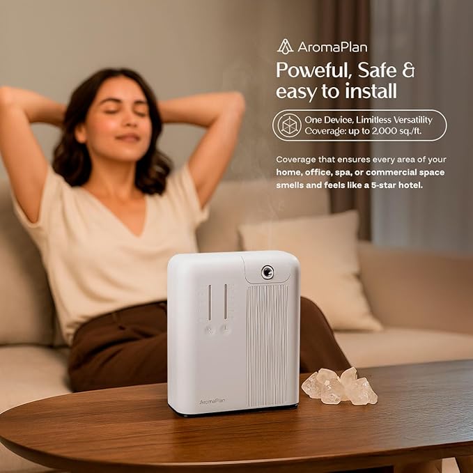 AromaPlan 5 Star Collection Cold Air Scent Diffuser, Whole House (Includes 2 Fragrances & 12 Set Sample kit) - Smart Scent Diffuser, HVAC System- Touch & App, 2000 Sq. Ft Cov.(White)