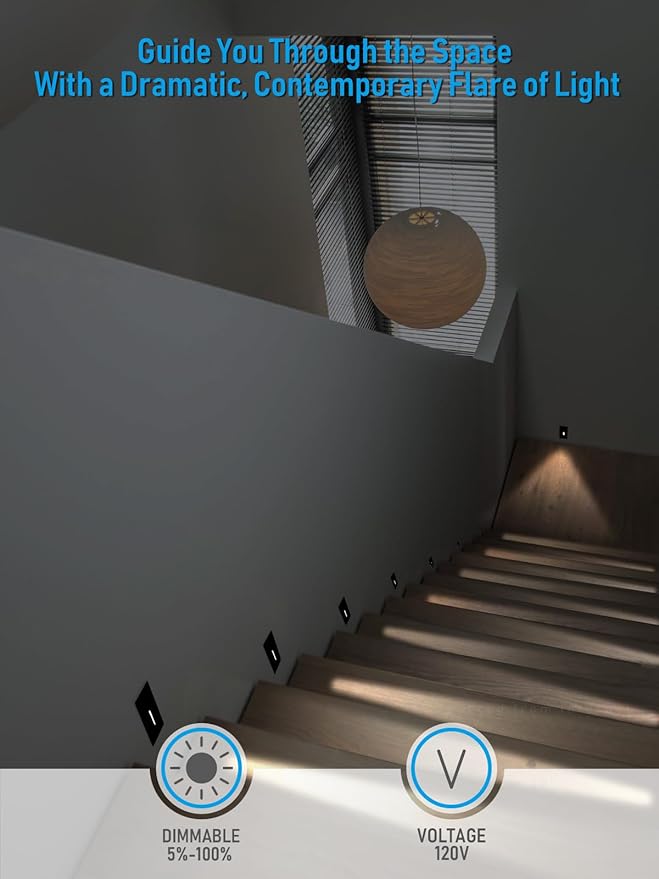 LEONLITE Indoor LED Step Light, 5CCT 120V Dimmable Pin Hole Stair Lights, Anti-Glare 30° Streamlined Lighting Effect for Staircase Bedroom, CRI90, ETL, Black, Vertical, Pack of 6