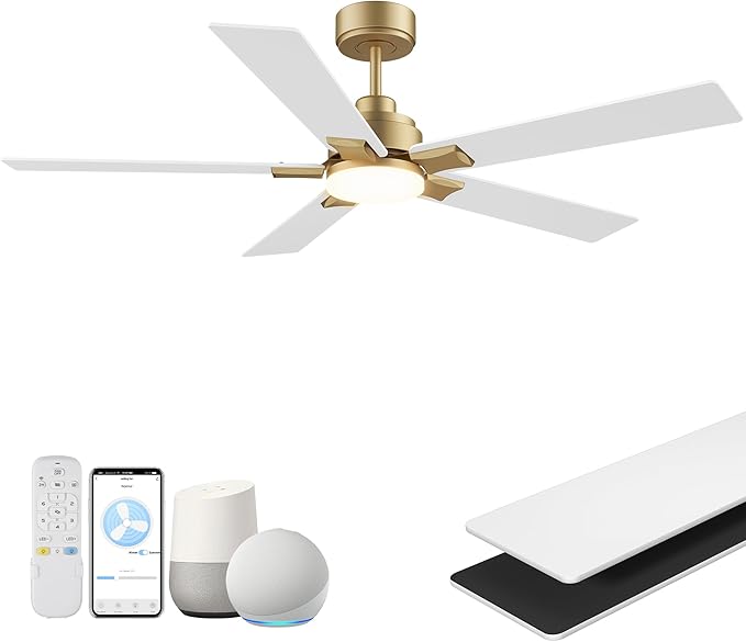 52Inch Smart Ceiling Fan with Lights Remote,APP&Alexa WIFI Controled,Quiet Reversible DC Motor,Dimmable LED,Indoor Outdoor Modern Ceiling Fan,for Living Room Bedroom Patio Porch,Gold White&Black