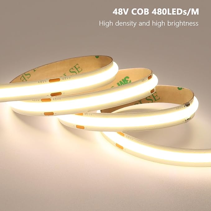 48V COB LED Strip Light 65.6ft, 4000K Natural White Flexible Cuttable LED Tape Lights 8W/M 480LEDs/M CRI 92 with AC 110V Power Supply for Bedroom Ceiling Living Room Commercial