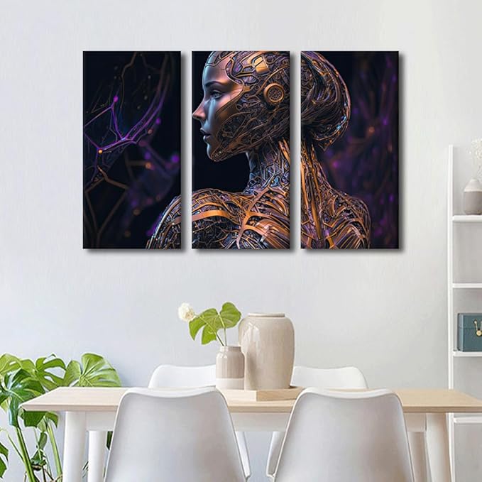 TUMOVO 3 Panel Modern Wall Art Artificial Intelligence Print on Canvas Wall Art for Living Room Bedroom Bathroom Decoration, Cyborg Artwork Stretched Framed Ready to Hang, 36" Wx24 H