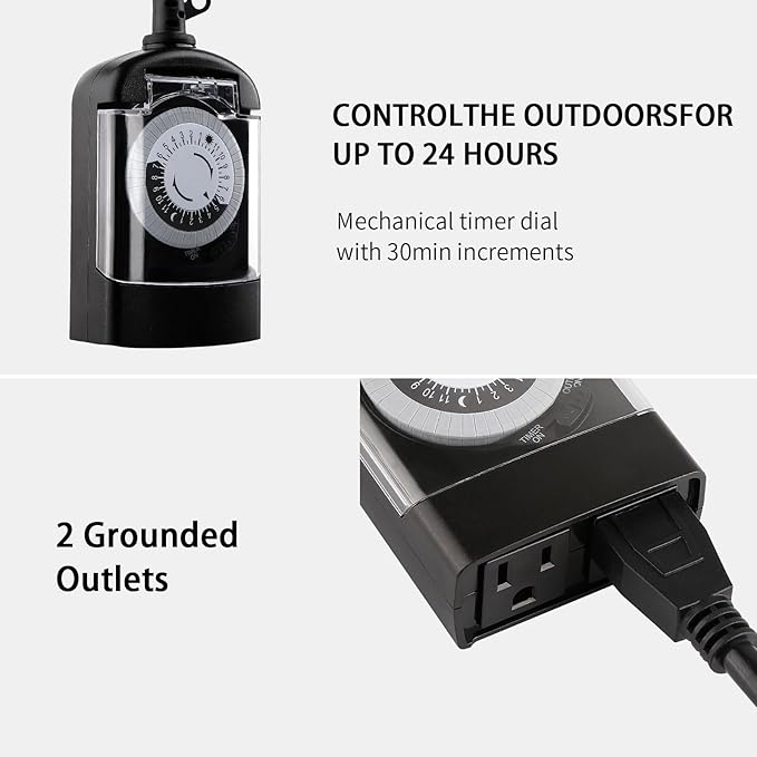 Outdoor Timer Outlet Waterproof, 24 Hour Mechanical Timer Outlet for Home and Garden, 2 Grounded, 15A 3/4HP, Black, 2 Pack