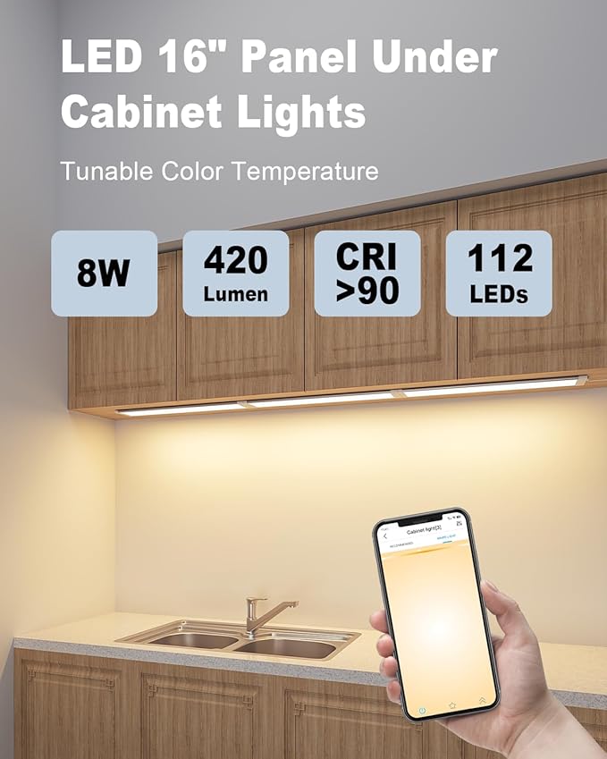 MYPLUS LED Under Cabinet Lighting Kit, 5 Color Temps Kitchen Light Under Cabient with Mesh APP DIY Control, 14W ETL Listed Power and Bright 920Lumen, Linkable LED Lighting 2 * 16 inch Panels