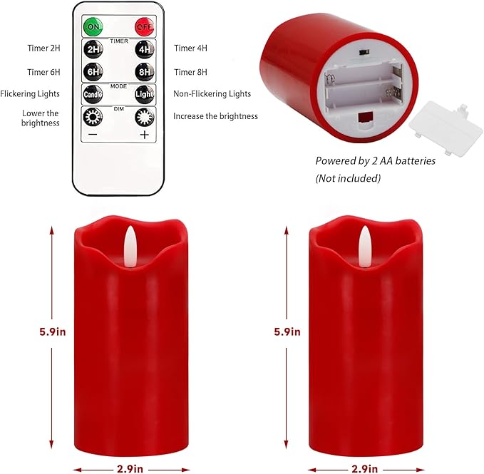 VEEKI Flameless Candles Light, Set of 2 6"x3" Flickering Christmas Flameless Candles with Remote & Timer, Dimmable Real Wax Pillar Candles Battery Operated, Red Candles for Home Xmas Decor (Red)