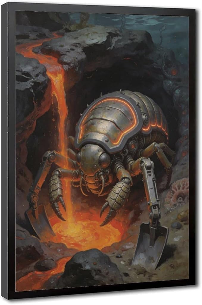 Framed Steampunk Mechanical Trilobite Wall Art - Volcanic Underwater Retro Poster for Garage Apartment Decor 08x12in