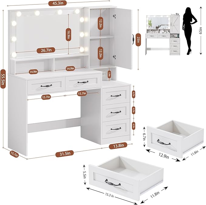 Farmhouse Makeup Vanity with Lighted Mirror, 45.3'' Vanity Desk with Charging Station, 5 Drawers & Open Shelves, Vanity Table Makeup Desk with 1 Cabinet & 9 Hooks for Bedroom (White)