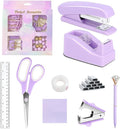 suniya Office Supplies,Desk Accessories,Tape Holder,Stapler,Scissor,Staple Remover,Box of Binder Clips,Staples,Ballpoint Pen,Sticky Notes,Clear Tape,Ruler,Office Supplies Set Purple