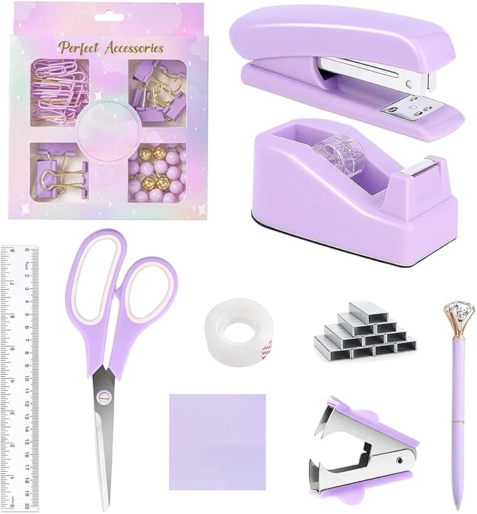 suniya Office Supplies,Desk Accessories,Tape Holder,Stapler,Scissor,Staple Remover,Box of Binder Clips,Staples,Ballpoint Pen,Sticky Notes,Clear Tape,Ruler,Office Supplies Set Purple