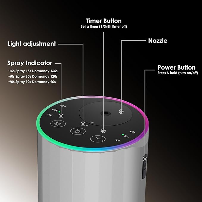 Waterless Essential Oil Diffuser, 7 Colors LED Light, Battery Powered Mini Scent Air Machine, Aromatherapy Mist Diffuser for Home Room Car Office，Black Aluminum Alloy (Silver)