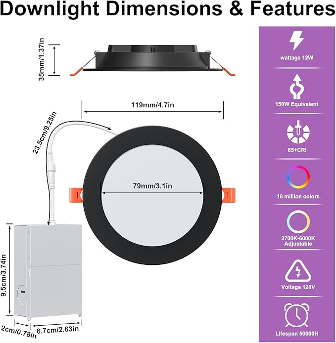 Smart Recessed Lighting 4 Inch Black RGBCW Color Changing 12W LED Downlight with Junction Box,1080 Lumen Recessed Ceiling Light Compatible with Alexa,Dimmable by Bluetooth Control -6Pack