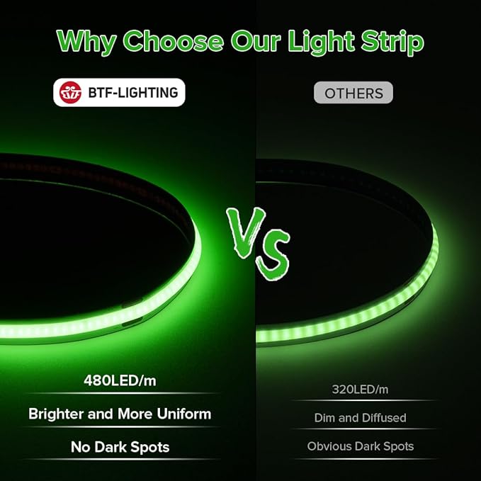 BTF-LIGHTING FCOB COB LED Strip Green Color 480LEDs/m 16.4FT DC12V Flexible High Density Uniform Light 8mm Width Bright Dimmable for Bedroom Indoor Decor(No Adapter or Controller)