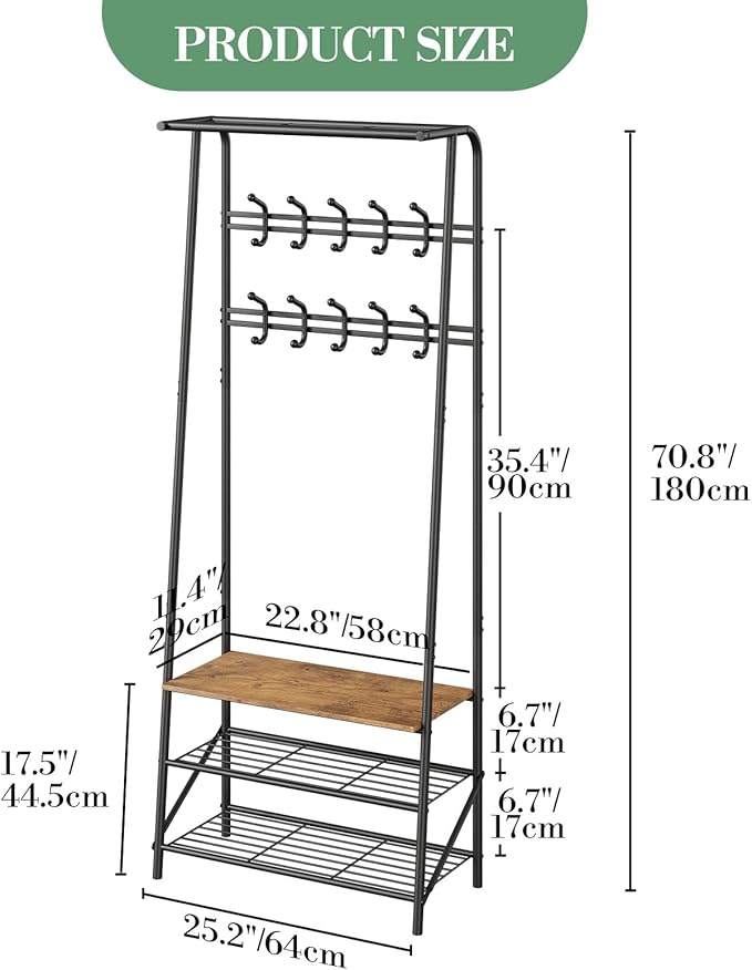 GAOMON Coat Rack, Hall Tree with Shoe Storage Bench, 3-in-1, Multifunctional Hallway Organizer, Shoe Storage with Coat Rack Stand, 10 Hooks, Metal Frame, for Entryway