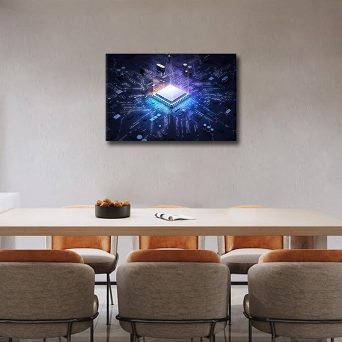 TUMOVO 1 Piece Canvas Wall Art Print Glowing CPU Wall Art for Bedroom Futuristic CPU Wall Decor Art Paintings Computer Chip Modern Giclee Artwork for Office Home Decor Ready to Hang, 18x12in