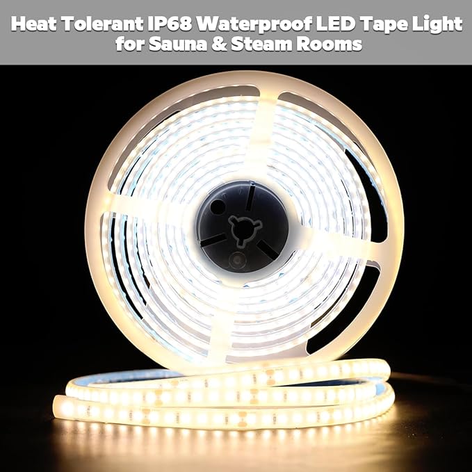 SuperlightingLED DC24V 3000K White LED Strip for Sauna Lighting, Flexible Long 5m 16.4ft 120 LEDs/m High-temperature Resistant IP68 Waterproof LED Strip Light for Steam Room (3000K Warm White)
