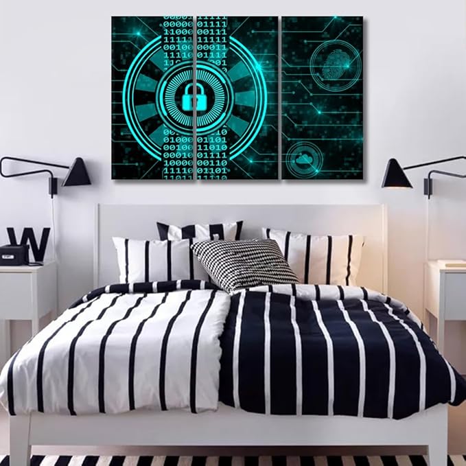 Cloud Services Painting for Living Room Decoration, 3 Panels Secure Technology Concept Padlock Binary Code Hud Poster Prints on Canvas Wall Art for Living Room Bedroom Decoration,20x40inchx3