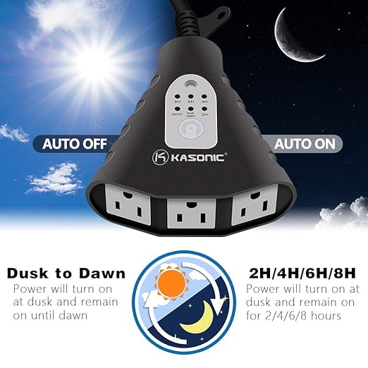 K KASONIC - Outdoor Light Timer, Waterproof Plug in Sensor Outlet Timer Switch, 100 ft Range Remote Control with 3 Grounded Electrical Outlets for Home and Garden, ELT Listed