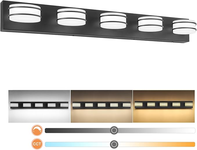 3 Color Temperature Dimmable Bathroom Light Fixtures Over Mirror, LED Black 5 Light Vanity Lighting Fixtures, Acrylic Stainless Steel Oval Shade Vanity Lights for Bathroom, ETL Certificated