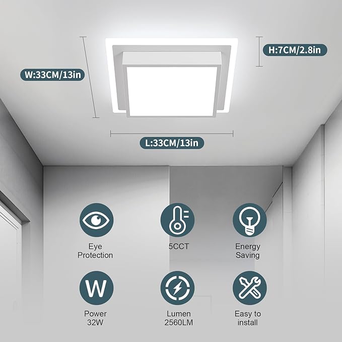 32W Modern LED Ceiling Light, 13 Inches Square Ceiling Light, 5CCT Flush Mount Ceiling Light, Hallway Ceiling Lighting Fixtures for Living Room Bedroom Bathroom Kitchen
