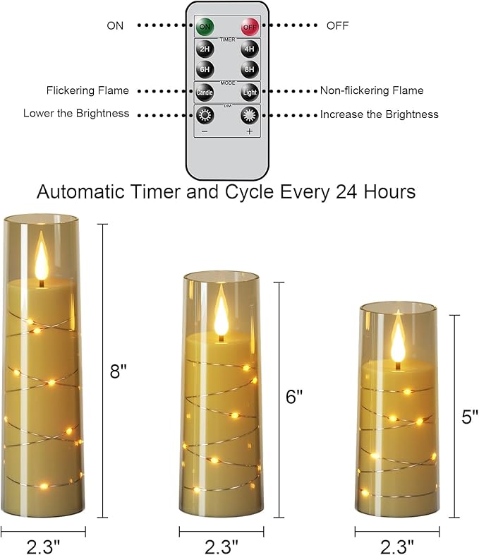 Wondise Flameless Flickering Candles with Embedded Star String Remote and Timer Battery Operated Flickering LED Candles Durable Acrylic Shell Pillar Candles for Christamas Home Decoration (Grey