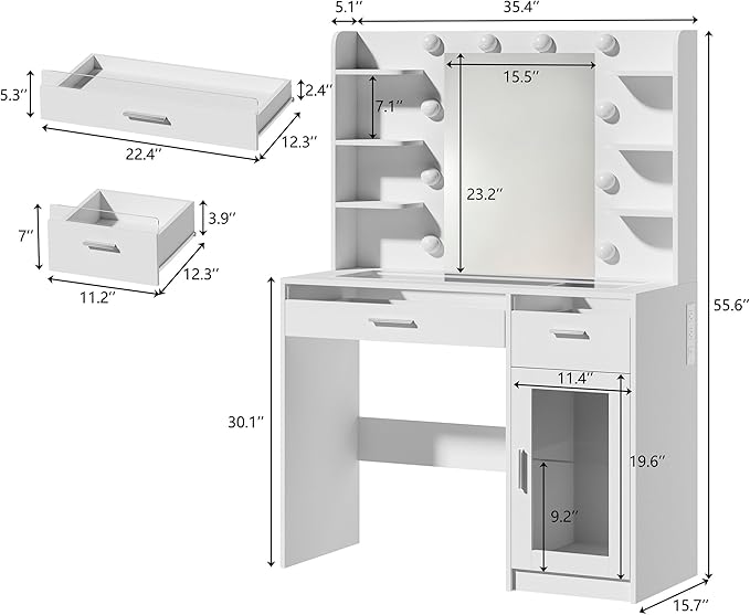 Vanity Desk with Mirror and Lights, Makeup Vanity Desk with Lights 3 Colors, Transparent Top Vanity with 2 RGB Drawers, 6 Shelves, Large Tempered Cabinet, Power Outlet, for Bedroom, Black