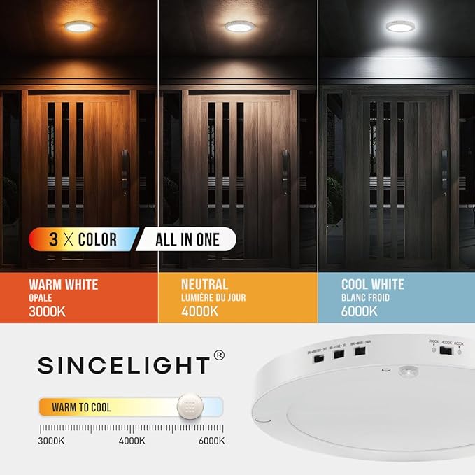 SINCELIGHT Ultimate LED Motion Sensor Ceiling Light (All in ONE), 3000K/4000K/6000K Warm to Cool Turnable, Multi-Mode, Dusk to Dawn & Movement Activated for Hallway/Porch/Closet, Pack of 1