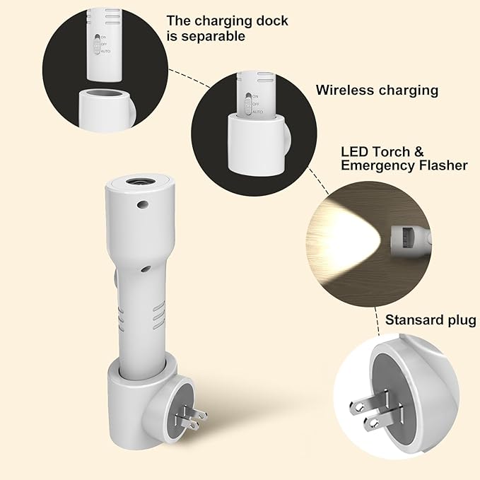 Motion Sensor Night Light, 4 in 1 LED Rechargeable Plug in Flashlight & Nightlight, Emergency Power Failure Light for Bedroom, Hotel Hallways, Hurricane (2 Pack)