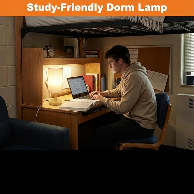 Touch Bedside Table Lamp with USB Powered,Stepless Dimming 2700K Warm Night Light, Minimalist Wood Base Linen Shade,Boho Nightstand Lamp for Bedroom Nursery Dorm Kitchen Small Spaces (5W LED 50K Hrs)