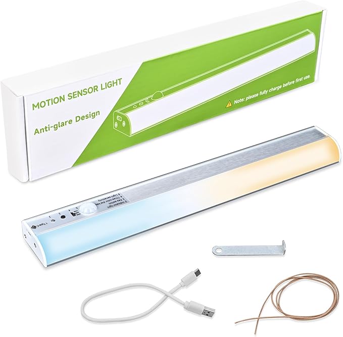 Under Cabinet Lighting Wireless 45 Side Emitting, Motion Sensor Light Indoor Adjustable Brightness, Closet Light 3 Color Temperatures, Rechargeable Lights for Home Counter Kitchen Pantry