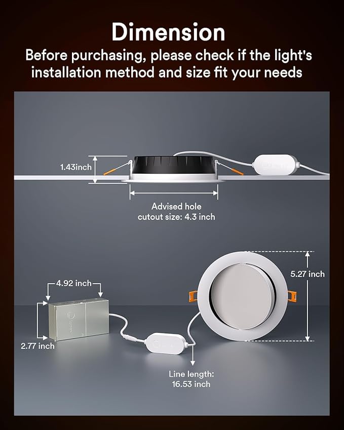 Lumary Smart Gimbal Recessed Lighting 4 Inch, 355°+20° Adjustable RGBWW WiFi Ceiling Light, Compatible with Alexa Google, Canless LED Downlight with J-Box, 9W 780LM CRI90, 1PC