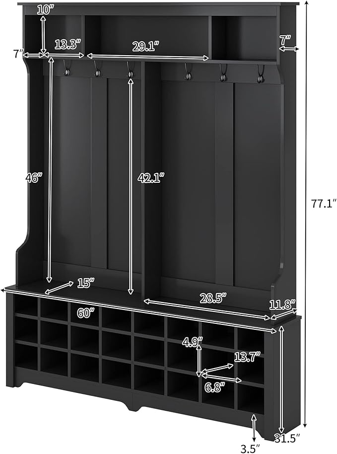 Wide Hallway Coat Rack Hall Tree with Shoe Storage Rack, 24 Cubes 6 Hooks and 3 Top Shelves, Large Storage Bench for Entrance, Enterway (Black)