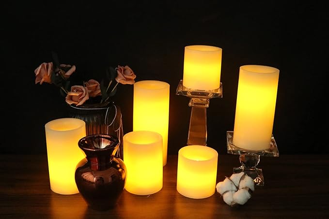 Eldnacele LED Flameless Flickering Candles Optical Fiber Wick with 10-Key Remote and Timer, Battery Operated Wax Candles Set of 6 Home Decoration(D3 x H3 4" 5" 6" 7")