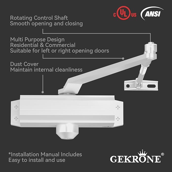 Automatic Door Closer Heavy Duty Fire Prevention Spring Hydraulic Aluminum Alloy Surface Mounted Residential Commerical Door Closer (White, Size1-Door Weights 55-99 Lbs)