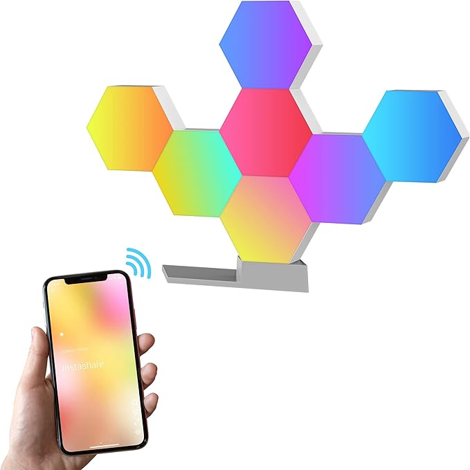 Yescom APP Control 7 Pack Smart LED Light Panels Hexagon Smarter Kit Aesthetic Splicing Lamp Compatible with Alexa & Google for Gaming Party Bedroom Decor