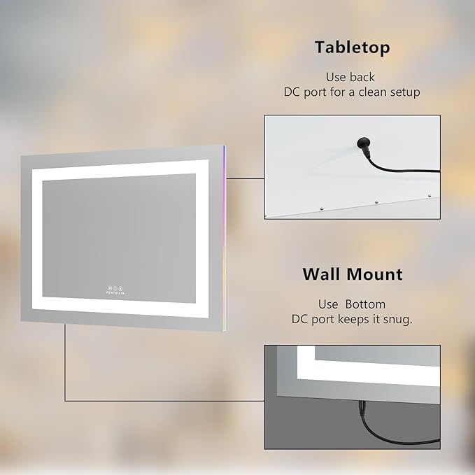 FENCHILIN Vanity Mirror with Lights, 23" x 18" RGB Backlit + Front Lit Hollywood Makeup Vanity Mirror LED Strip with 3 Colors Modes Smart Touch for Dressing Room & Bedroom White