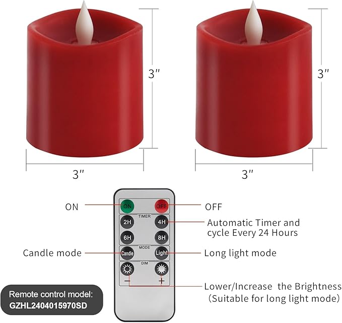 3x3 Flickering Flameless Candles Set of 2, 2AA Battery Life 600 Hours Battery Candles Flickering with Timer, 3 inch Flameless Candles with Remote for Indoor/Outdoor, Red