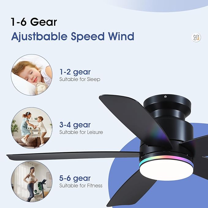 46 Inch Black Flush Mount Ceiling Fans with Lights, 5 Blades Reversible, 6-Speed 2H Timer, RGB & 3 CCT Dimmable, Remote & APP Control for Bedroom Kidsroom