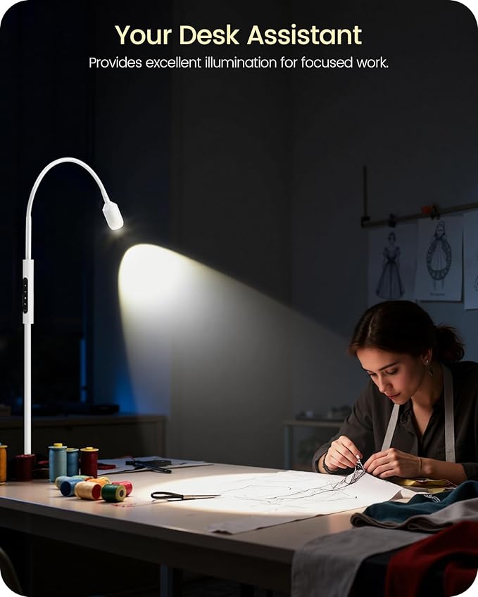 Reading Floor Lamp, 74.2" Tall LED Lamp, with 360° Flexible Gooseneck & Touch & Remote Control, Ajustable Color & Beam, Crafts Standing Lamp, for Reading, Task Craft, Living, White WW16LD05