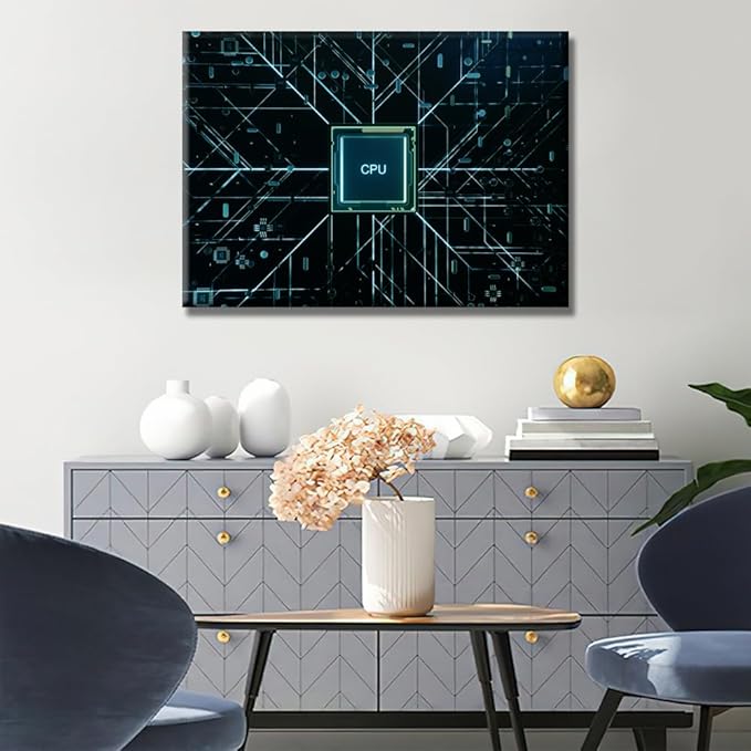LSIUHWUWI 1 Panel CPU and Circuit Board Canvas Walll Art Modern Artwork Wall Decor CPU Concept Pictures Bathroom Decor Wall Art Circuit Board Print on Canvas Framed Ready to Hang 20X28 INCH