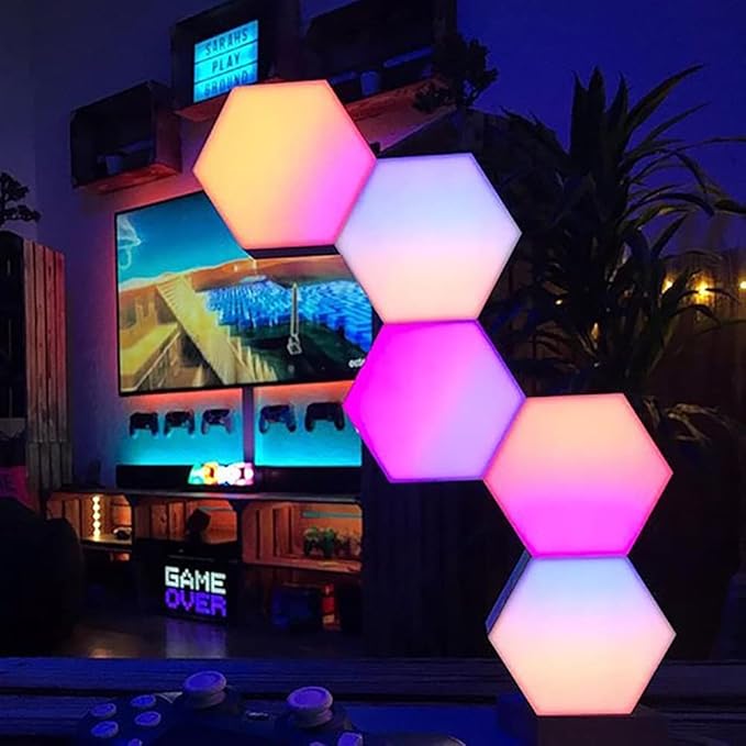 Yescom APP Control Hexagon Light 6 Pack Smart LED Wall Lights Modular Wifi Music Sync Lamp Aesthetic Gaming Room Streaming Decor Compatible with Alexa & Google