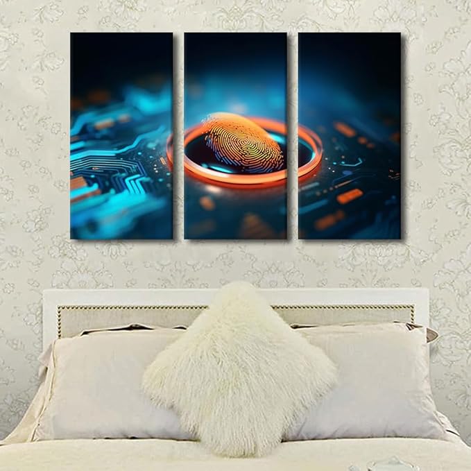 Framed Canvas Wall Art 3 Panels Digital Fingerprint Scanner Pictures Print On Canvas for Bedroom Living Room Wall Decoration, Wooden Framed Gallery-Wrapped Ready to Hang, 60" Wx40 H