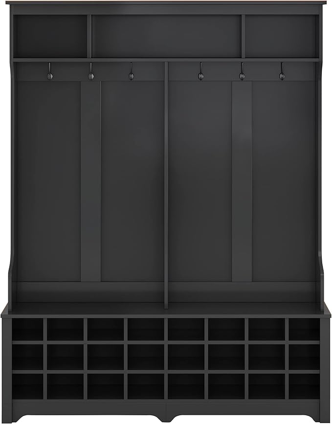 Wide Hallway Coat Rack Hall Tree with Shoe Storage Rack, 24 Cubes 6 Hooks and 3 Top Shelves, Large Storage Bench for Entrance, Enterway (Black)