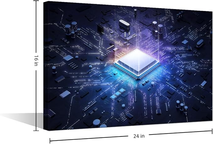 TUMOVO Wall Decor CPU Concept Canvas Wall Art Glowing CPU Modern Artwork for Office AI Picture Print on Canvas Wall Decorations Framed Ready to Hang for Living Bedroom Home, 24x16in