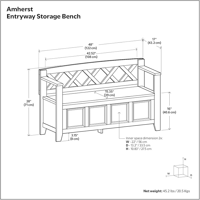 SIMPLIHOME Amherst Entryway Storage Bench - 48 inch Wide Solid Wood Hallway Seat in French Blue, Transitional Bench for Entryway or Living Room with Lift-Up Lid and Spacious Storage