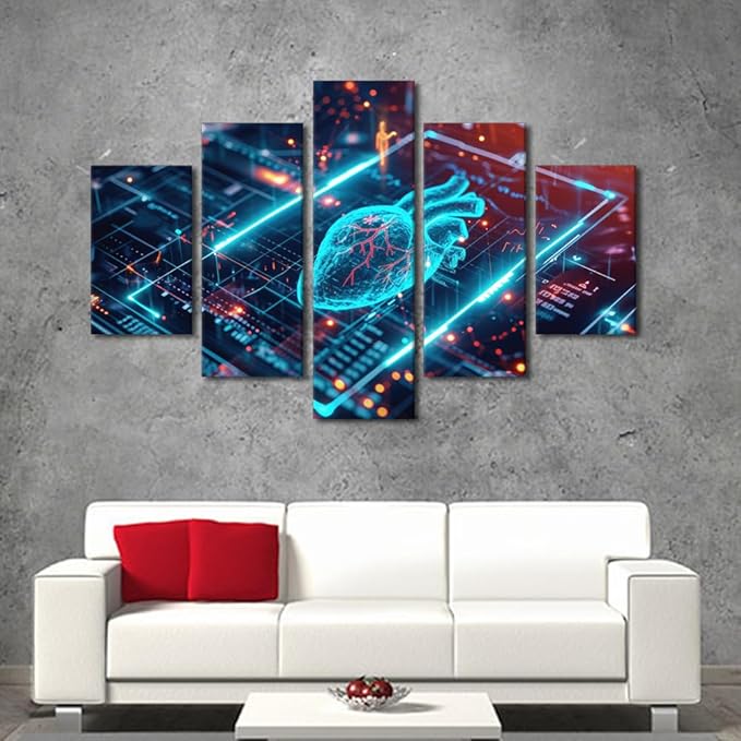 5 Panel Artificial Intelligence Canvas Printing Wall Art Large Wall Art for Living Room AI Generated Print Artwork Canvas Office Computer Screen Picture Framed Wall Art Office Bedroom 60" Wx40 H
