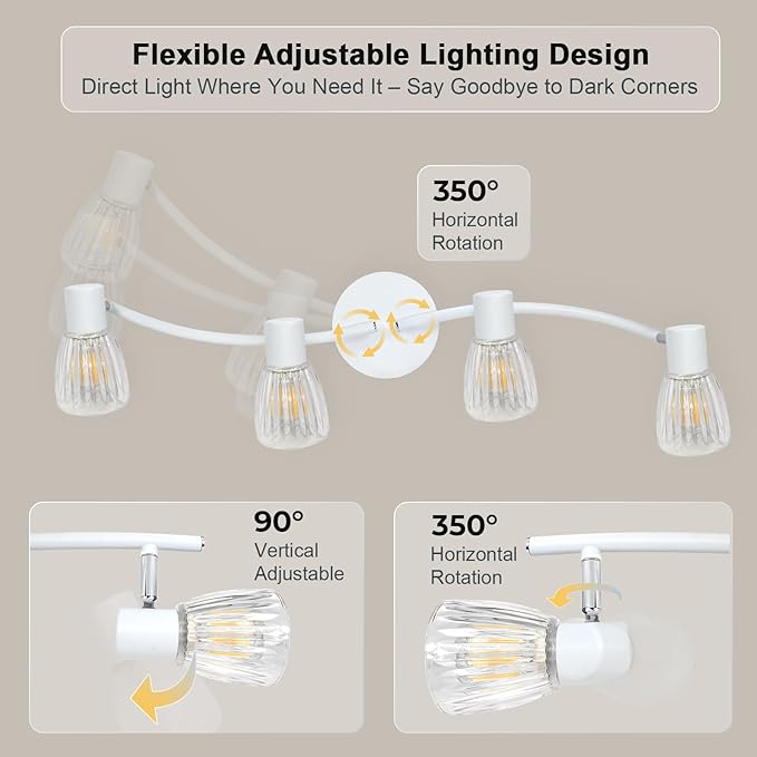 HiBay 4-Light Track Lighting White, Adjustable Modern Ceiling Light Fixture w/Glass Shades, Flush Mount Ceiling Wall Spotlight Indoor for Bathroom, Kitchen, Living Room, E12 Base, No Bulbs