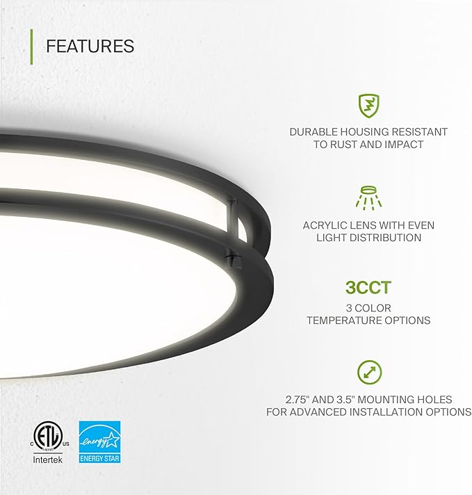 ASD LED 18" Round Flush Mount Lighting, Close to Ceiling Light Fixture | 3CCT, Dimmable, Energy Star, ETL Listed | 28W 2230LM 3000-5000K 120V | Low Profile Double Ring Lamp | Black